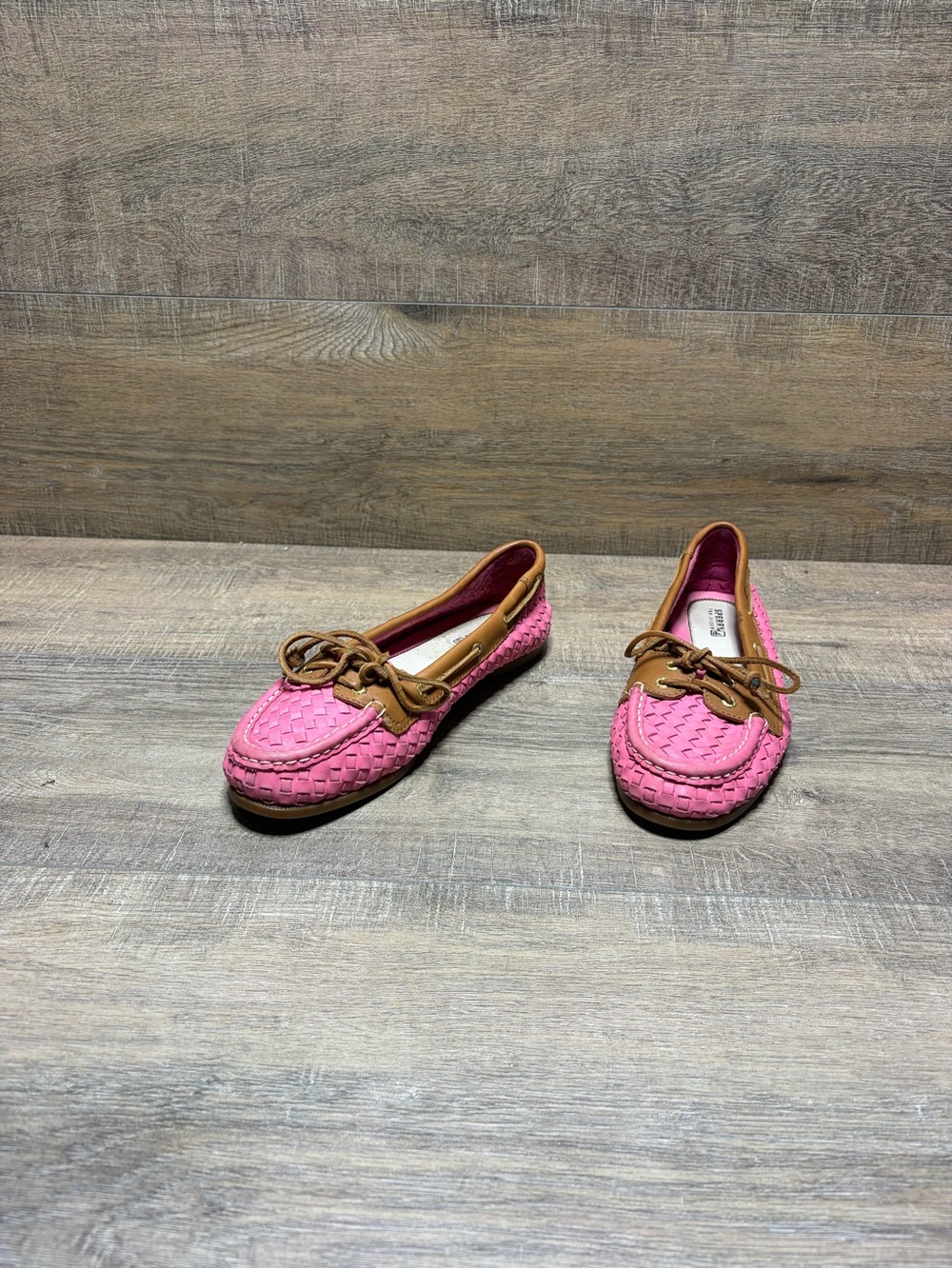 Sperry Pink Woven Moccasin Loafers with Tan Trim